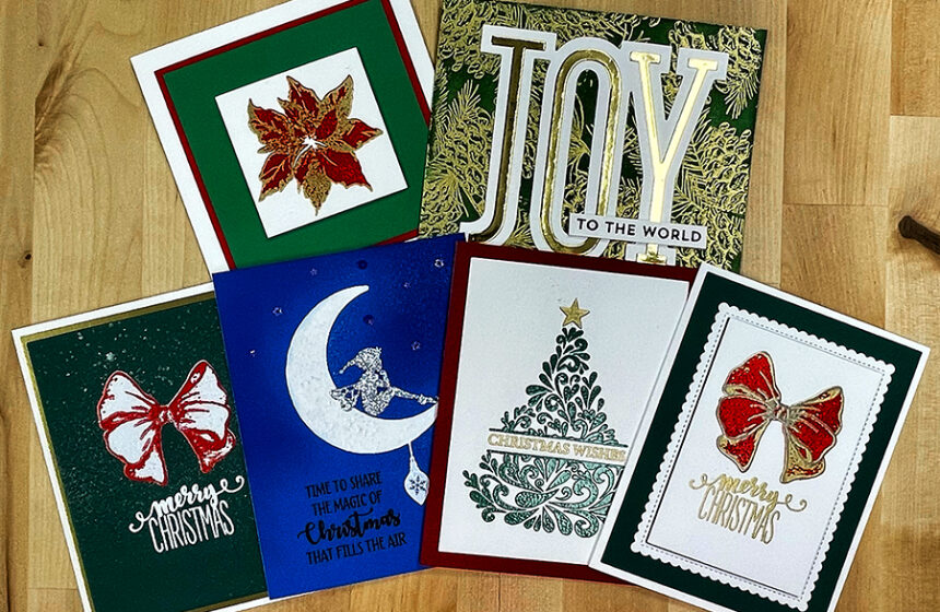 6 beautiful Christmas Cards made with heat embossing.