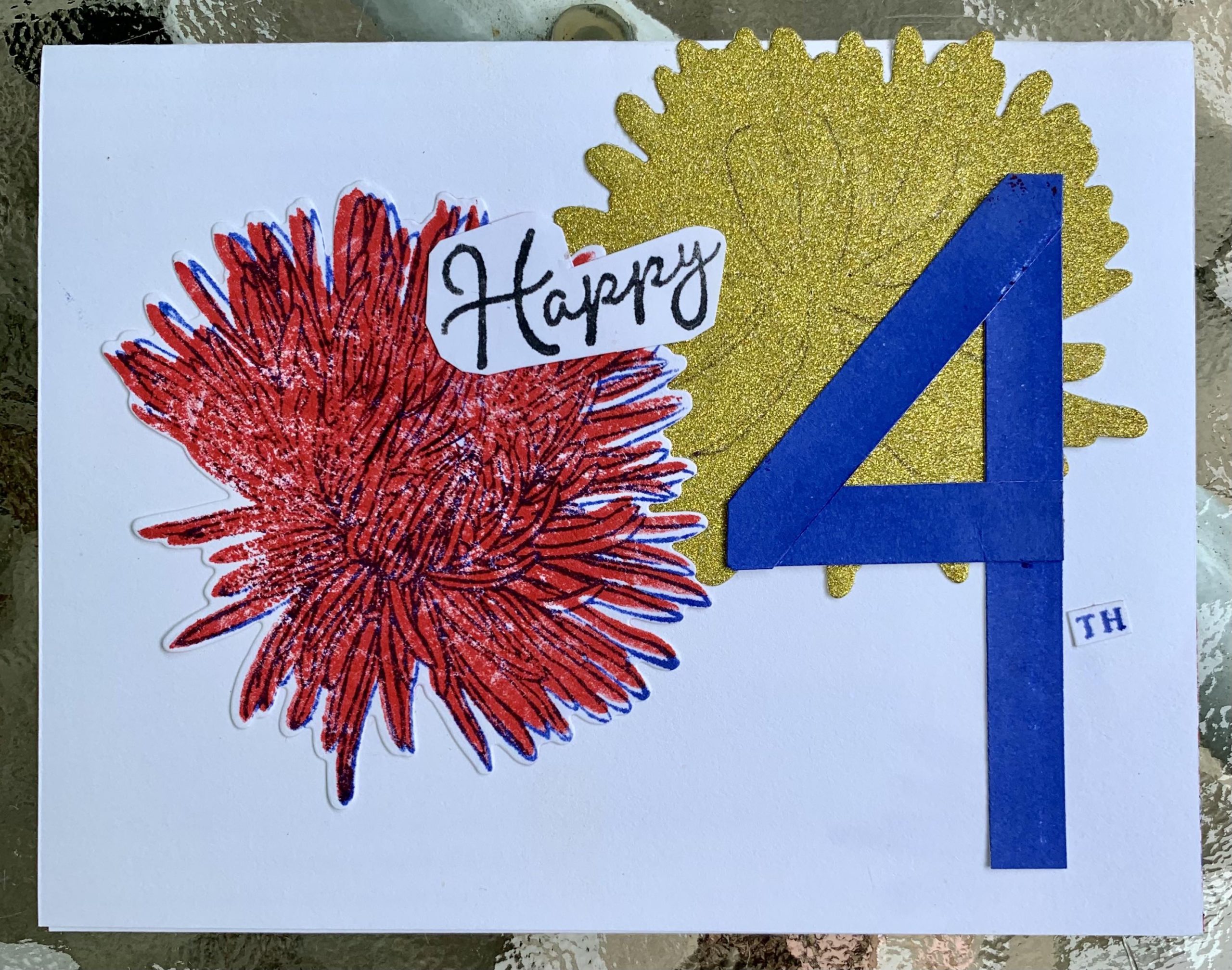 4th of July Card featuring fireworks and handmade cardstock by 10 yr old Jens