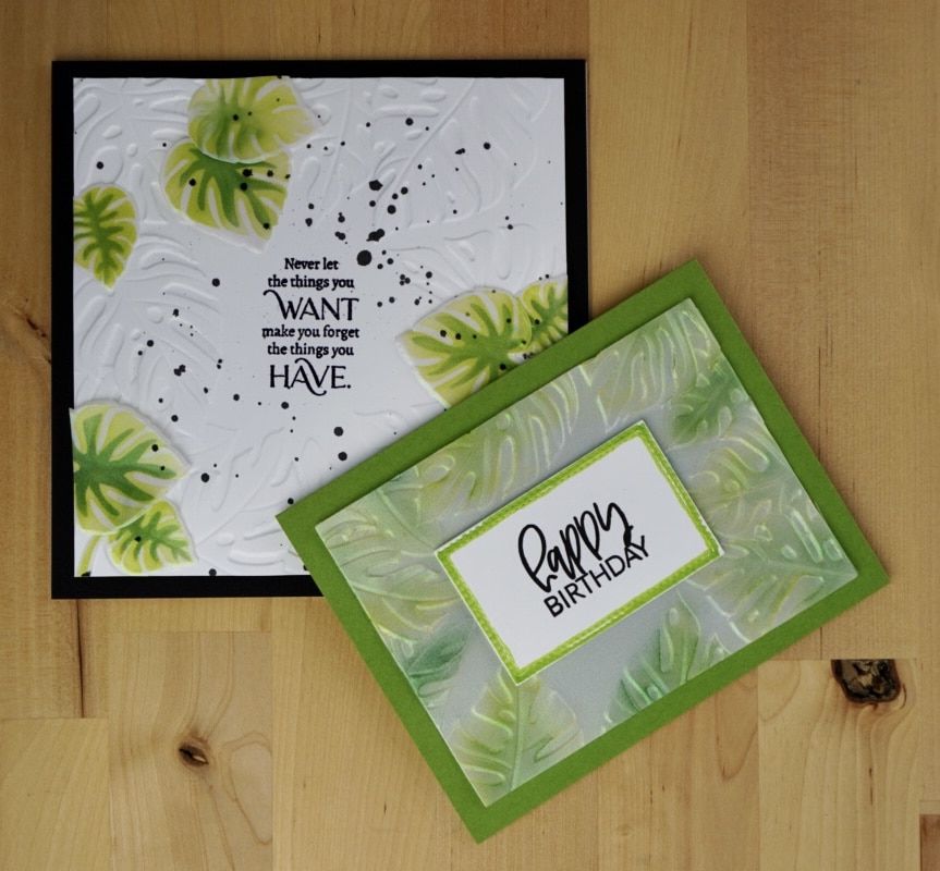 Masculine cards made with embossing folders and colored pearlescent vellum.