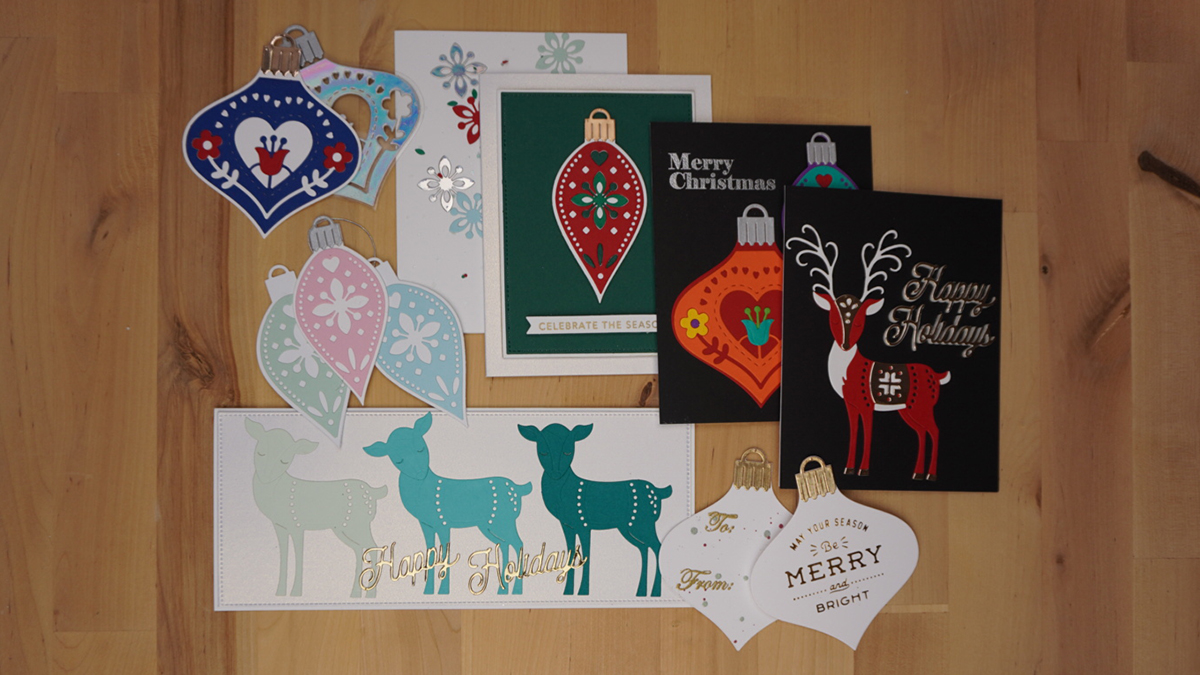 Cards, ornaments, and tags made from Spellbinders Sept 22 release.