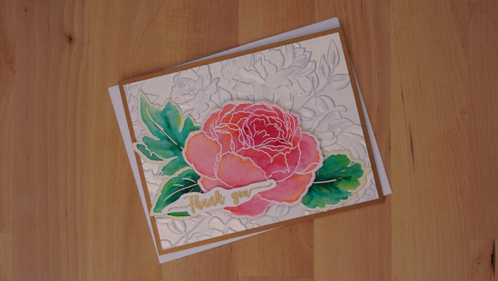 My card for the Altenew Educators Watercolor Wonders Video Hop features a beautiful watercolored rose on an embossed rose background.