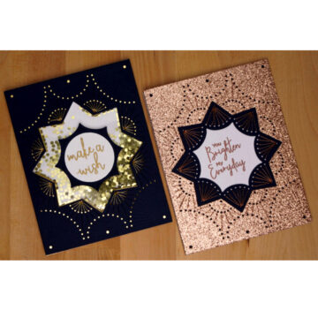 A pair of glitzy cards made from Spellbinders January Stitched Die of the Month