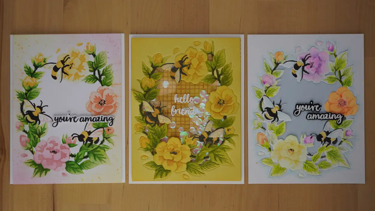 3 Bee Beautiful cards made during Hero Arts Stamp-Along