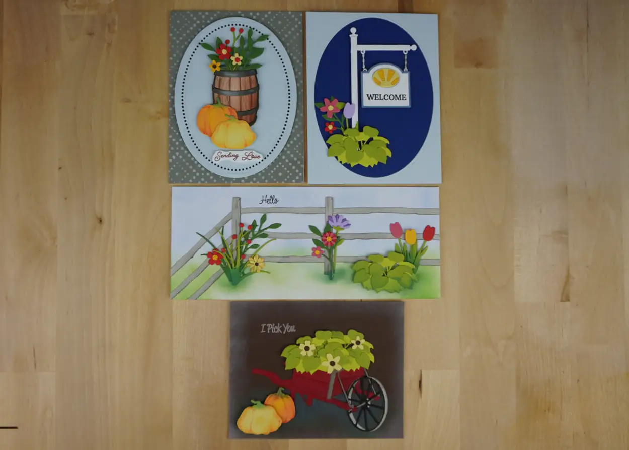 Four gorgeous cards created using products from Spellbinders release, the Country Roads Collection.