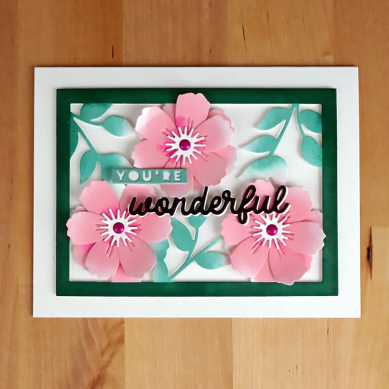 Pretty die-cut card in pink, green, and white.