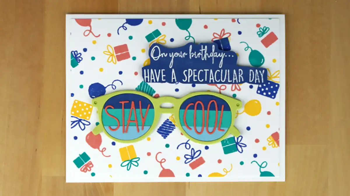 Fun interactive card with die-cut sunglasses that flip up and a homemade birthday patterned background.