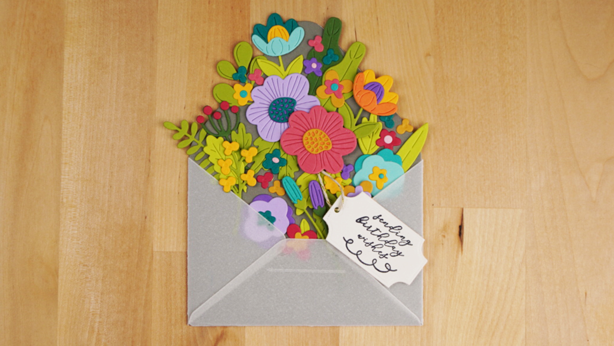 A bright and beautiful card created with dies from the Envelope of Wonder set from Spellbinders.
