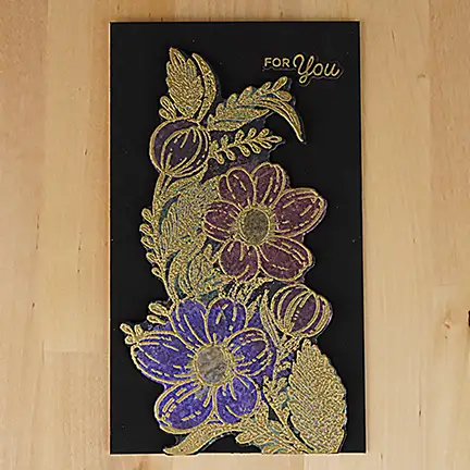 Elegant greeting card created with Spellbinders August Clear Stamp and Solar Paste.