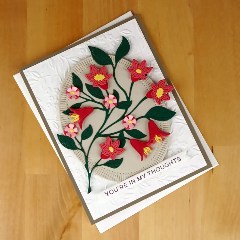 Pretty floral card created using Spellbinders August Large Die of the month Club kit.

