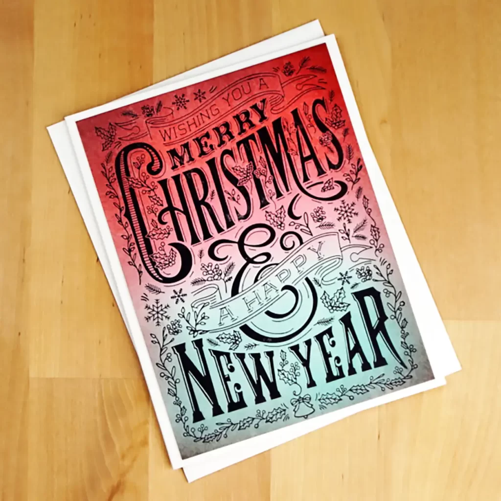 Cheery Christmas card in red and green featuring the BetterPress press plate Merry Christmas & Happy New Year.