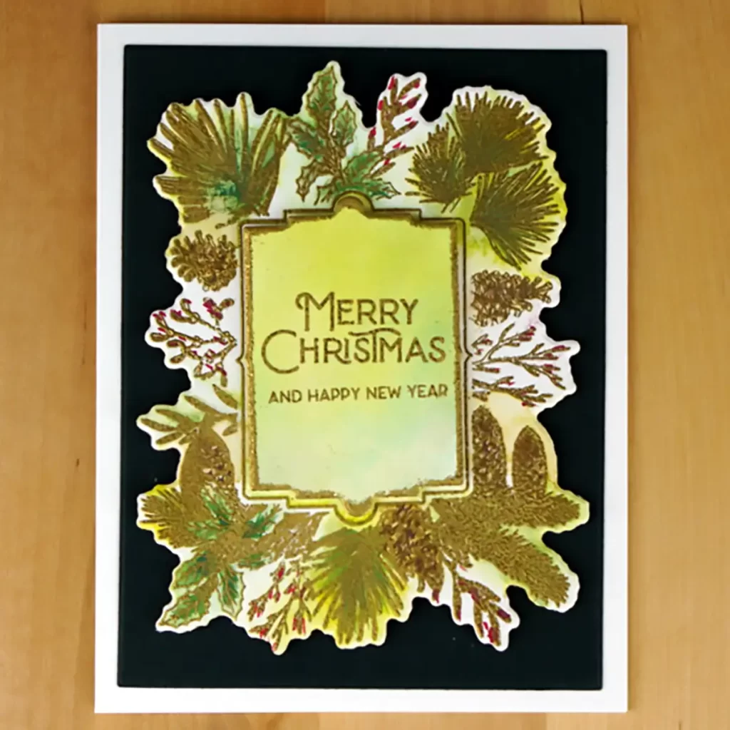 Watercolored Christmas card created with Spellbinders July 2023 Monthly Clear Stamp and Die Club Kit