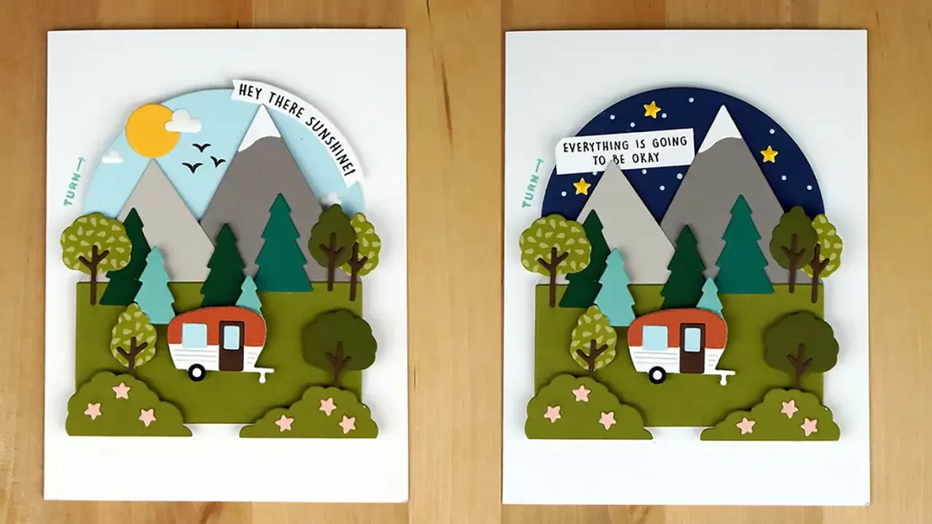 A interactive card that will "Wow" you.  It's got it all, a camping scene in the mountains that features a day scene and also one in the moonlight.  This card was created as part of the Concord and 9th Summer Camp this year.