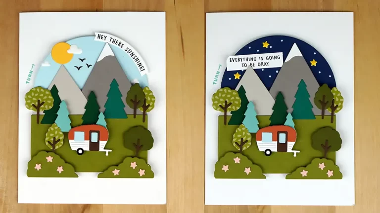 Two pop-up greeting cards featuring a delightful camper in a forest setting, perfect for cardmaking enthusiasts. One showcases a sunny day scene with "Hey there, sunshine!" while the other captures a serene night sky and reads, "Everything is going to be okay." Ideal for reminiscing about summer camp.