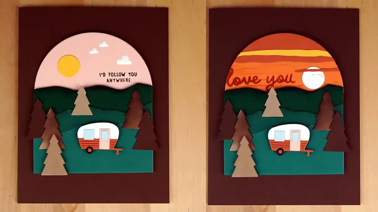 Two minimalist art pieces depict scenery with a camper van in a forest under a sunny sky and a sunset. The left has text "I’d follow you anywhere," and the right says "Love you." Perfect for cardmaking summer camp projects, these pieces radiate warmth and adventure.