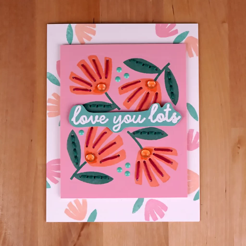 A cheery stitched thank you card featuring stamping and stitching taught during the C9 Summer camp
 