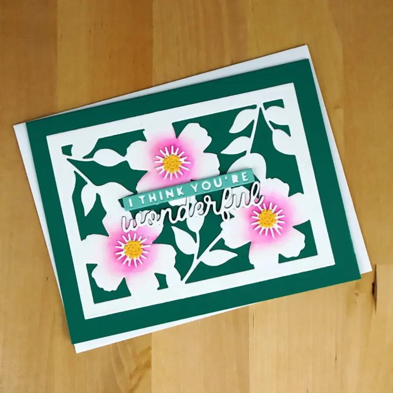 Pretty die-cut card in pink, green, and white.