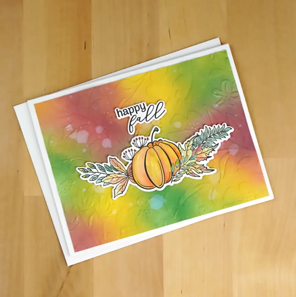 Pretty fall card using Sept Monthly Club Clear Stamp & Die Sets using watercoloring, die-cutting, & embossing.