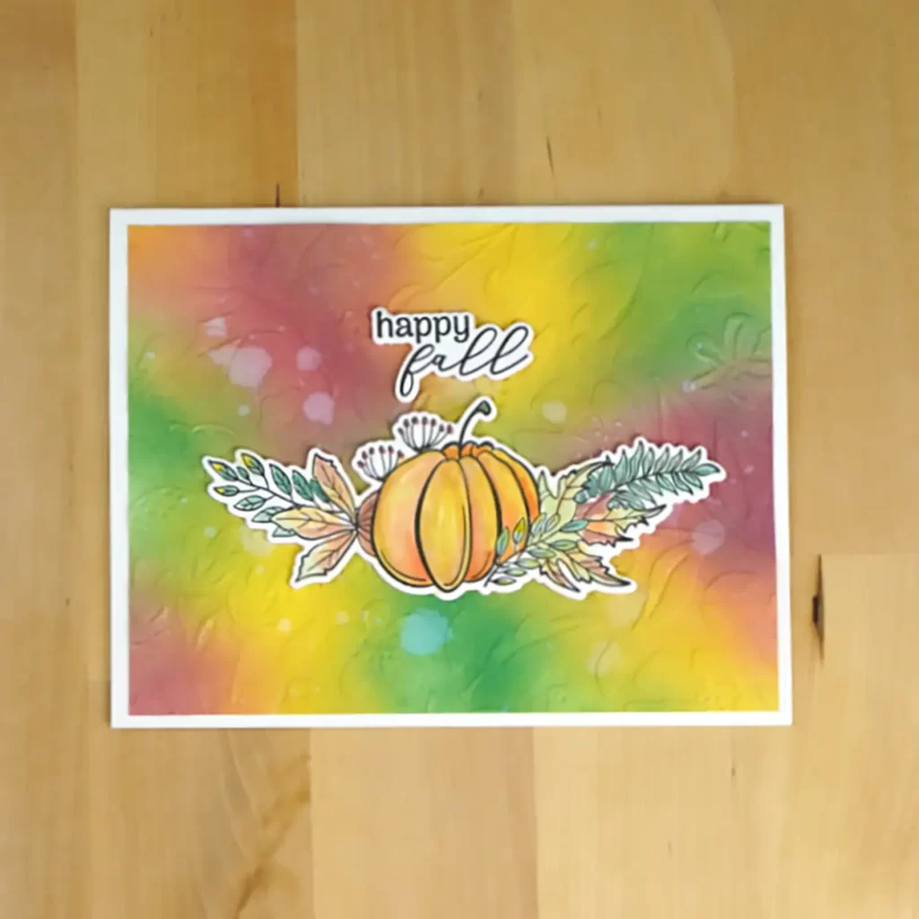 Pretty fall card using Sept Monthly Club Clear Stamp & Die Sets using watercoloring, die-cutting, & embossing.