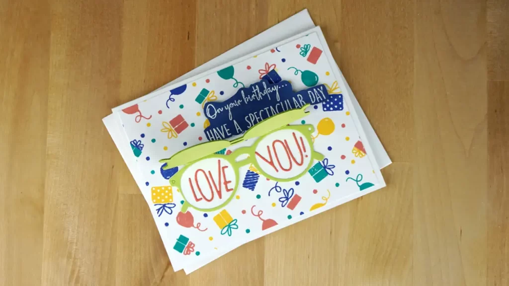 Fun interactive card with die-cut sunglasses that flip up and a homemade birthday patterned background.
