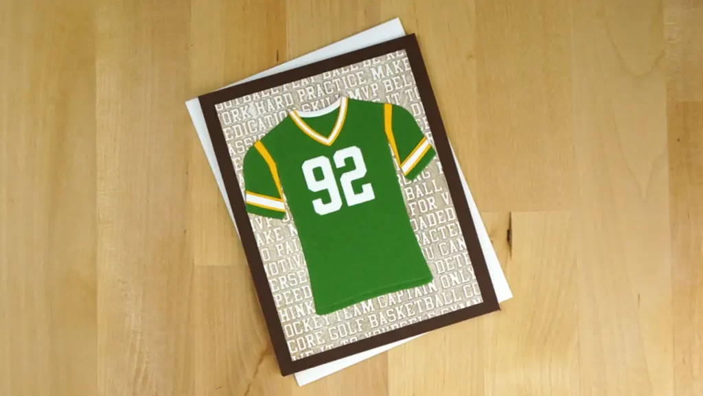 Great sports greeting card created using dies and embossing folder from Spellbinders September 2023 release in Green Bay Packers colors.
