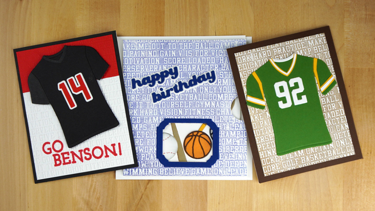3 greeting cards featuring sports themes: 2 football cards and an interactive cards that features many different sports.