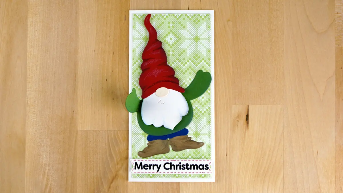 Quick and easy cute Christmas card with a waving gnome using the Gnome Hugs die set from the Spellbinders August release.
