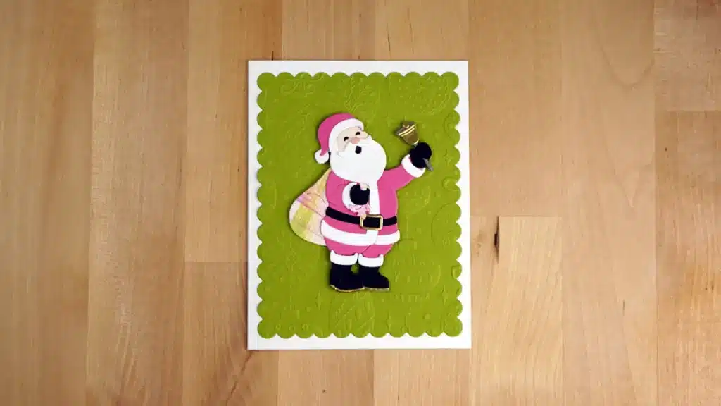 Darling Christmas card created using Here's Santa Die with non-traditional Christmas colors.
