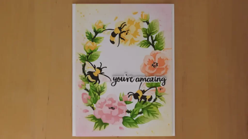 Beautiful Bee card created with layered stenciling.