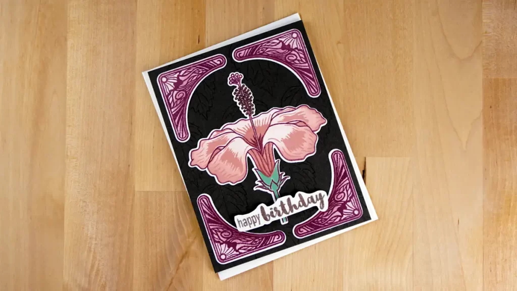 Beautiful birthday card created using Altenew's new Hibiscus Motif stamp, die, and stencil set with a unique color combination.