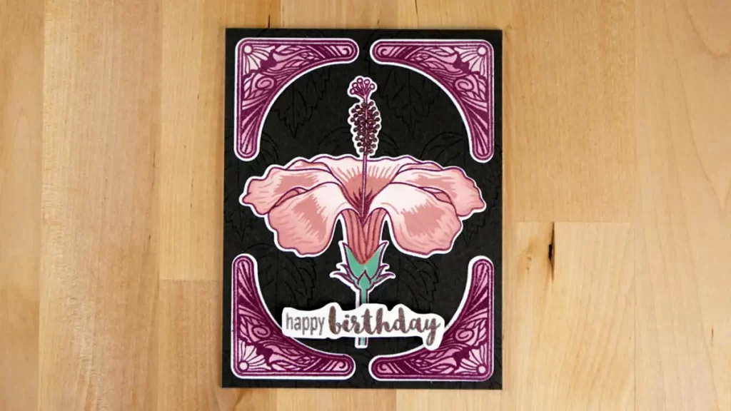 Beautiful birthday card created using Altenew's new Hibiscus Motif stamp, die, and stencil set with a unique color combination.