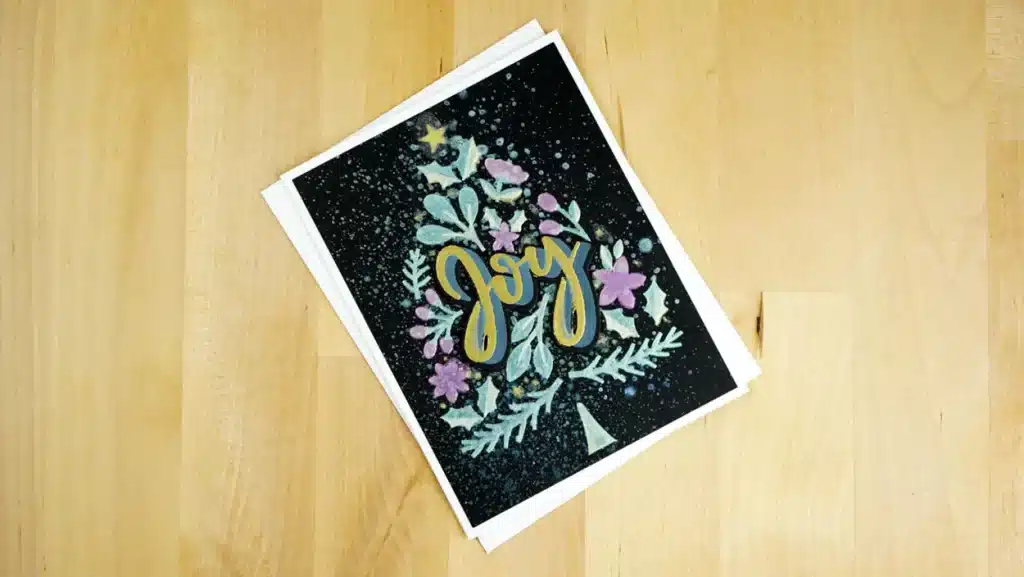 Joyful Christmas card created using Joy Tree, a new layered stencil set Solar Paste.