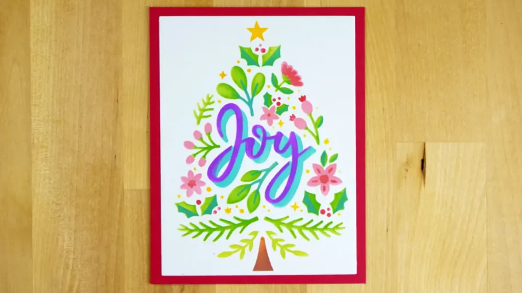 Joyful Christmas card created using Joy Tree, a new layered stencil set and non-traditional colors for a Christmas card.