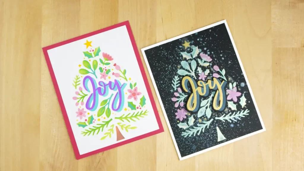 A pair of Joyful Christmas cards created using Joy Tree, a new layered stencil set.