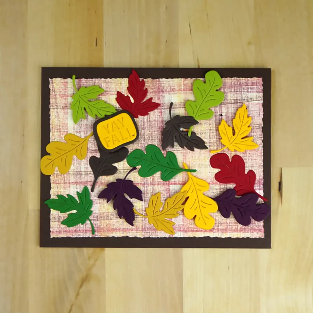 Pretty Fall card featuring multi-colored leaves die-cut with Spellbinders new Large Die of the Month.