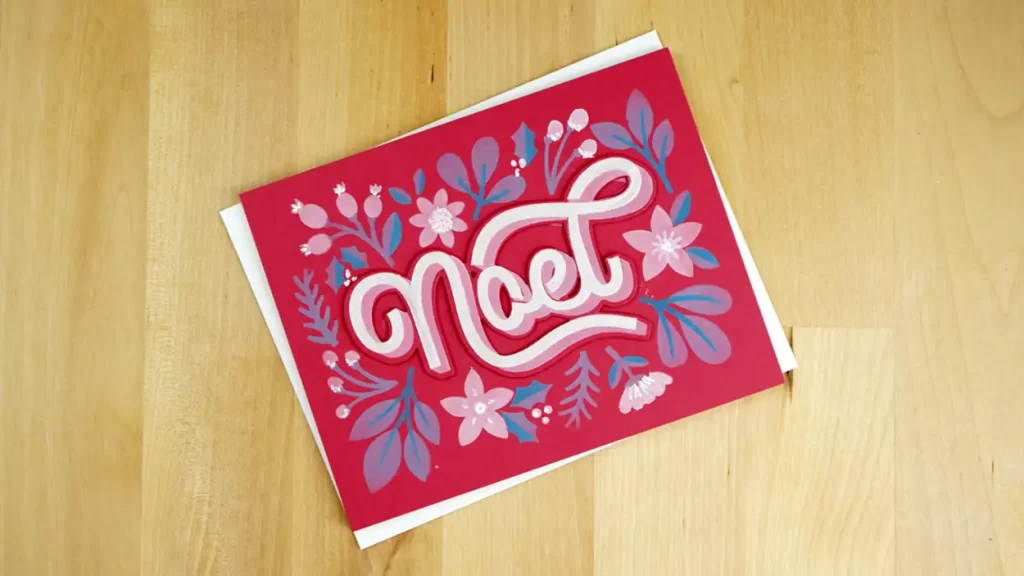 Beautiful card created using Noel Festive, a new layered stencil set and non-traditional colors for a Christmas card.
