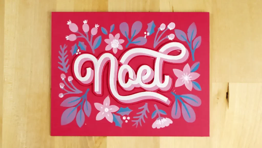 Beautiful card created using Noel Festive, a new layered stencil set and non-traditional colors for a Christmas card.
