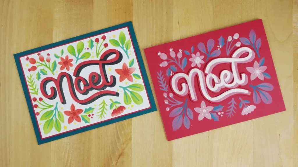 Pair of cards created using Noel Festive, a new layered stencil set.
