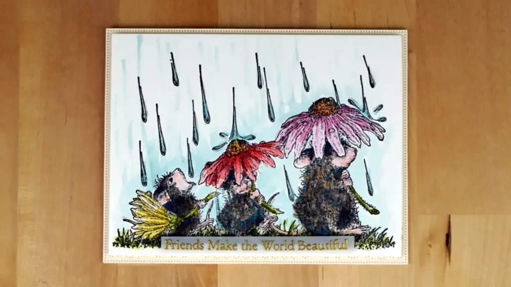 Cute card featuring mice walking in the rain using daisies for umbrellas.  It's water colored with dye inks and detailed with colored pencils.