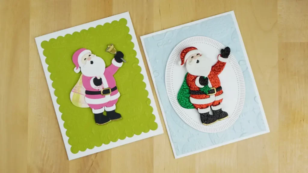 Fun set of cards featuring Here's Santa Die set on embossed backgrounds.
