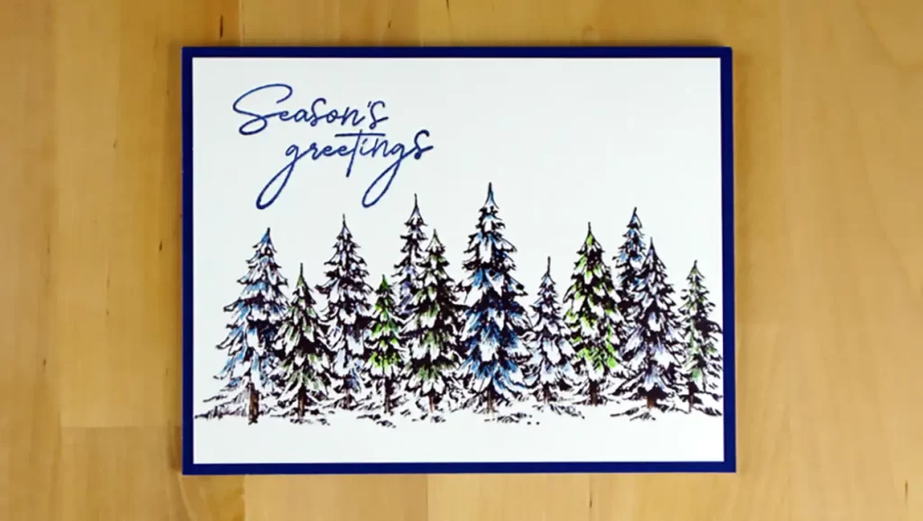 Clean and simple Christmas card created using the new BetterPress Season's Greetings Evergreens press plate  and colored pencils.