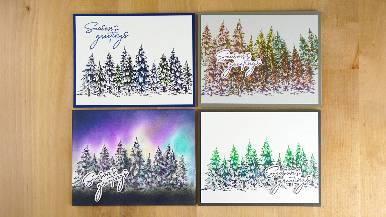 4 stunning holiday cards created with Spellbinders' Seasons Greetings Evergreens Press Plate.
