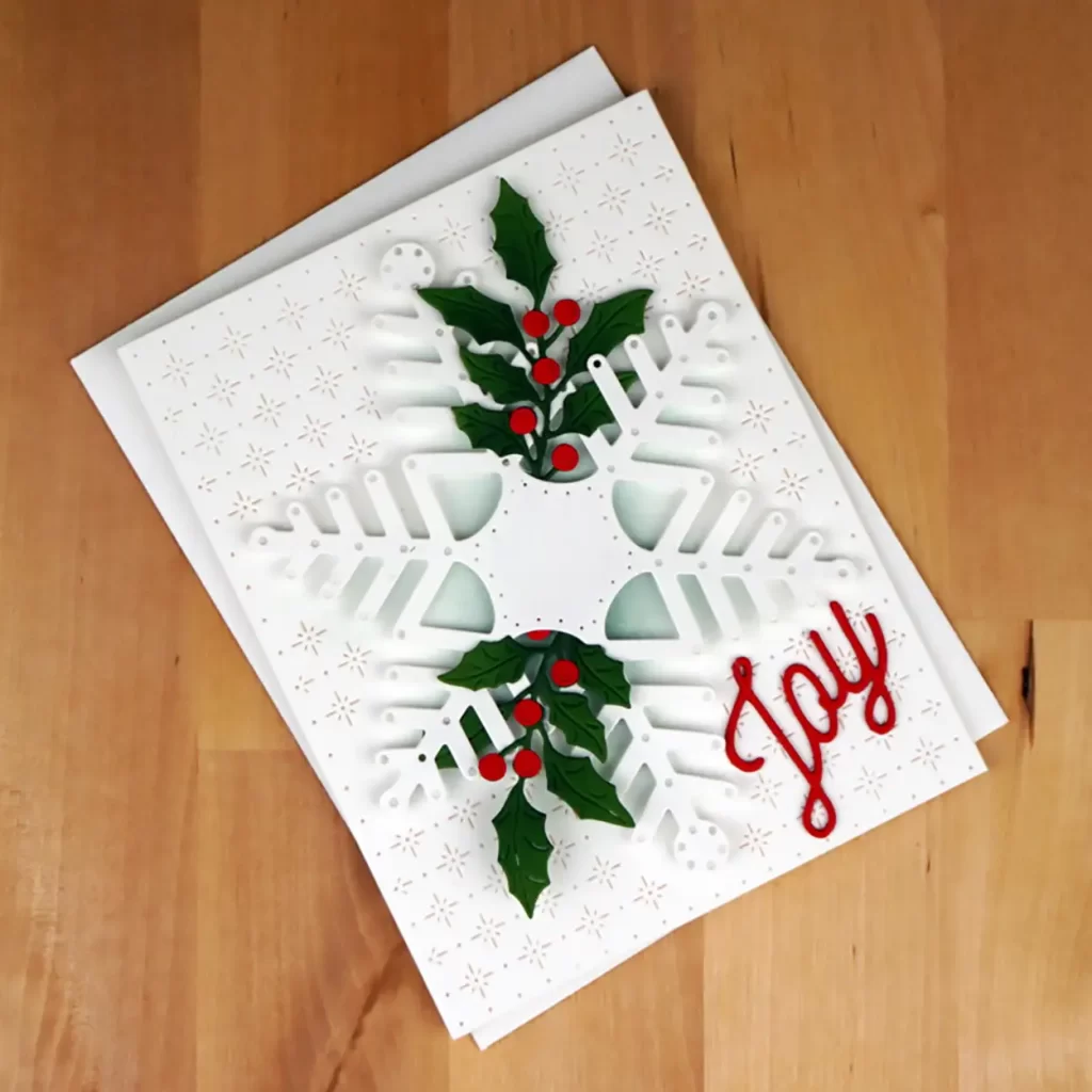 Watercolored Christmas card created with Spellbinders July 2023 Monthly Clear Stamp and Die Club Kit 