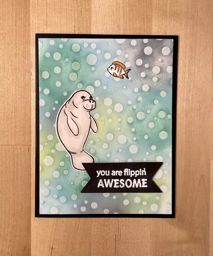 Manatee Greeting Cards with Stenciled Watery Background