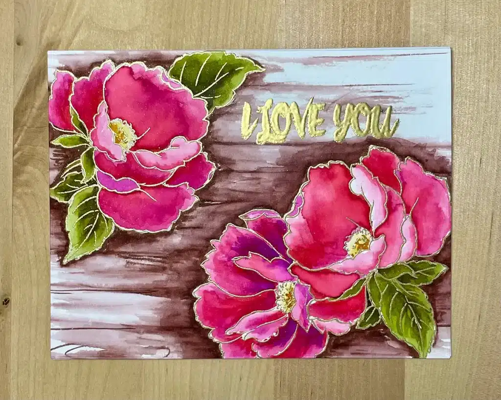 Remarkable Valentine I Love You card colored with watercolor brush markers using wood texture background.