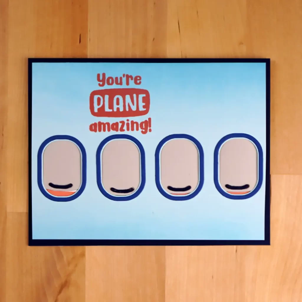 Cute card that is Plane Amazing!  This card uses die-cuts and stamping to create the image of looking through airplane windows.  And, it even has window shades that move up and down.