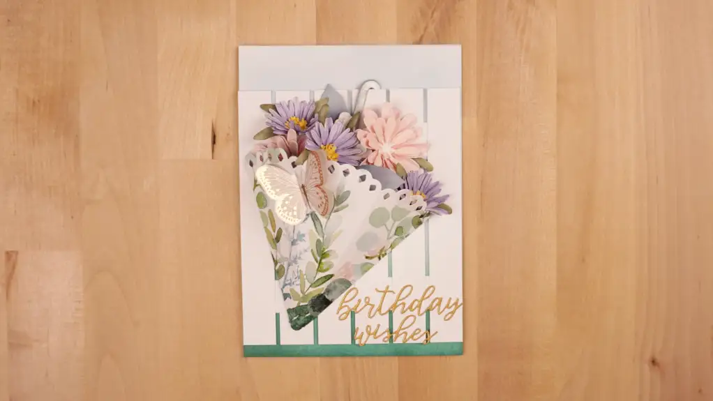 Lovely 3D birthday card featuring a parasol filled with flowers from Spellbinders Birds & Bees Garden Collection