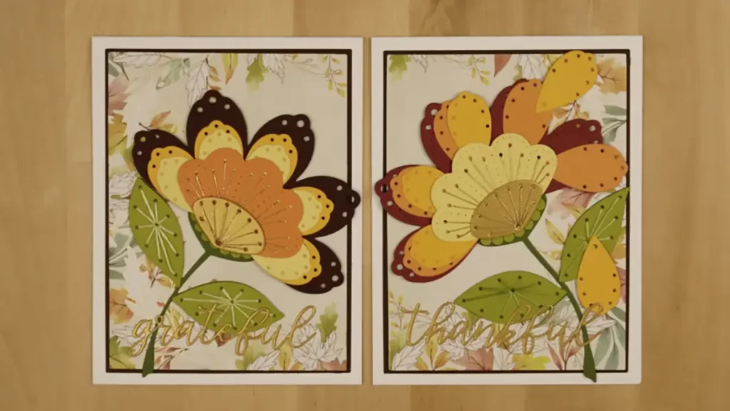 A pair of autumn cards created with die-cuts and stitching.