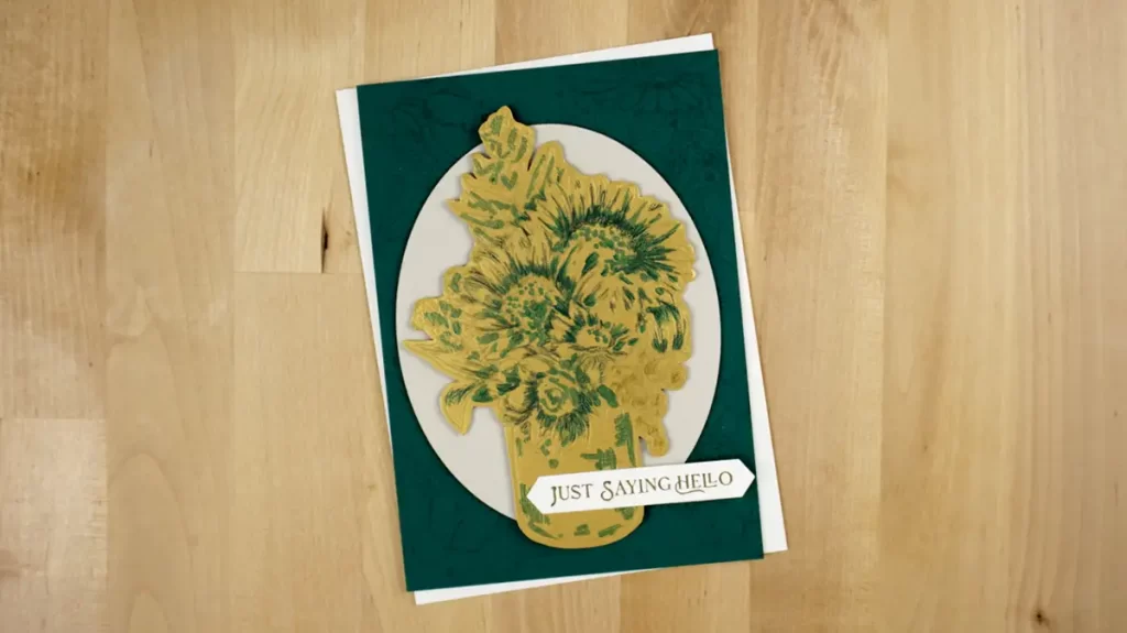 Gold and teal card with a big sunflower bouquet for a focal point.