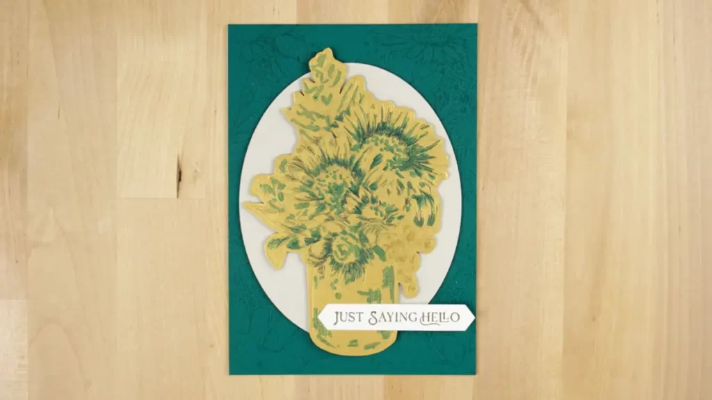 Gold and teal card with a big sunflower bouquet for a focal point.