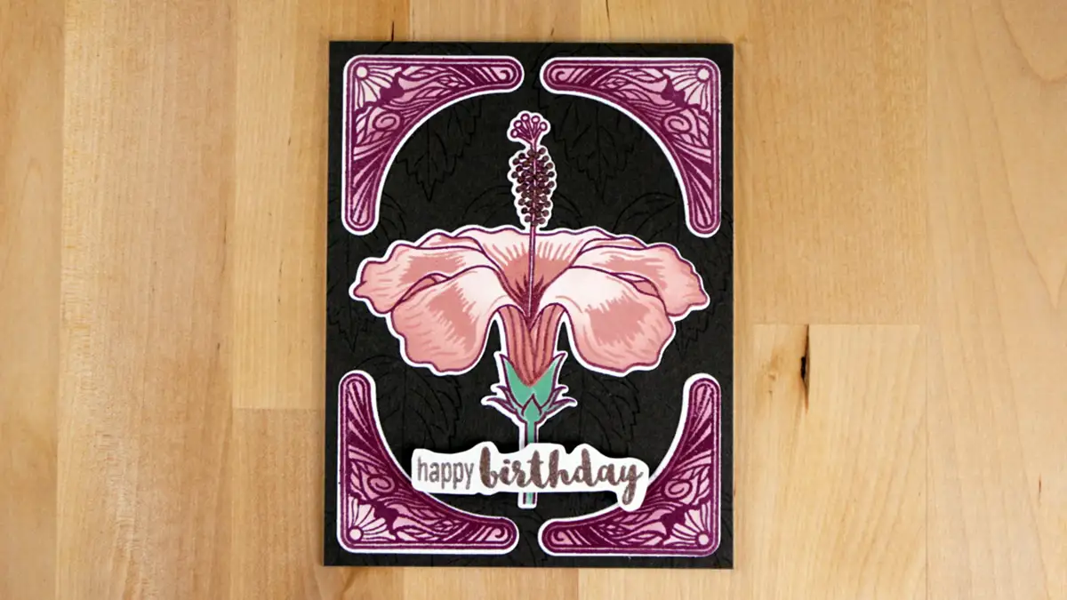 Beautiful card created with Altenew's new Hibiscus Motif Stamp, Die, & Stencils.
